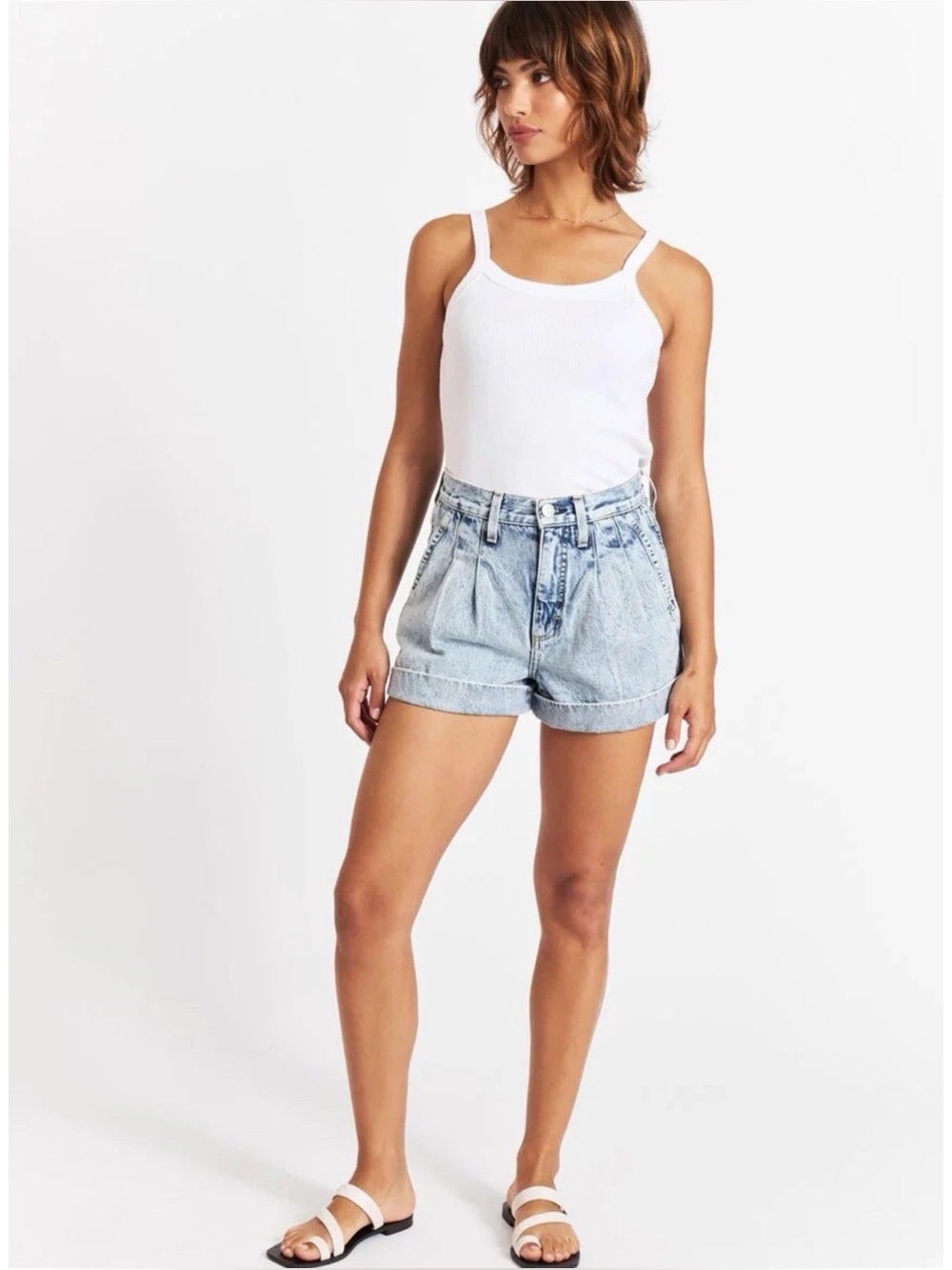 AMO | Marcella Pleated Cuffed Denim Shorts in Frosty (Light Blue), Size 28